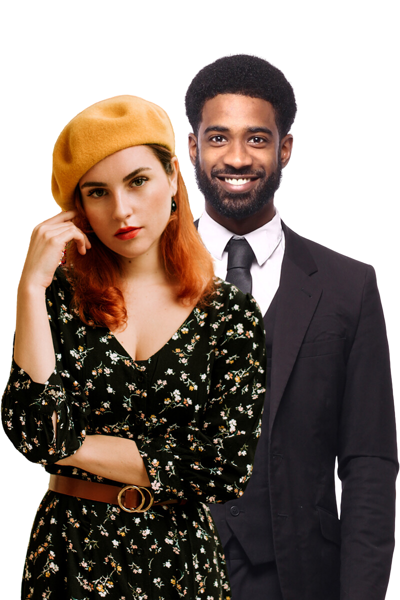 Male and female couple. Man is of African origin and is wearing a black suit. Woman is caucasian with long red hair. She is wearing a floral dress and and orange beret.