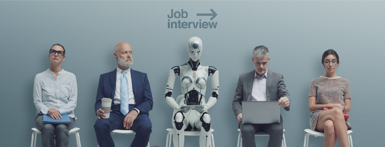 job interview for screens a row of people sitting on white chairs. The person in the middle is a robot. Above their heads is a sign saying Job Interview and an arrow pointing to the right.